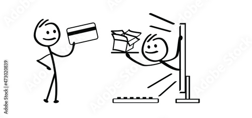 Online shopping. Home delivery service concept. Cartoon stickman, order or shop online. Stick figure, person market place. Drawing computer symbol. Buyer, internet concept, Store, E-commerce icon
