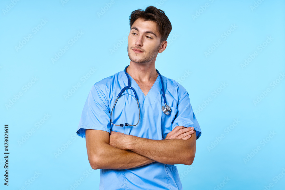 male doctor health care treatment stethoscope examination blue background male doctor health care treatment stethoscope examination blue background