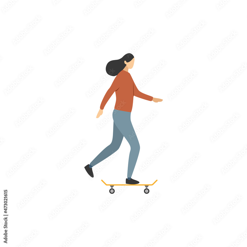 Girl riding a skateboard. Flat vector isolated illustration on white background. Girl riding a skateboard. Flat vector isolated illustration on white background.