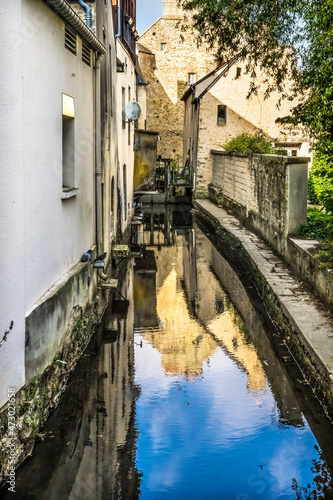 White Buildings City Center Aure River Reflection Bayeux France © Bill Perry
