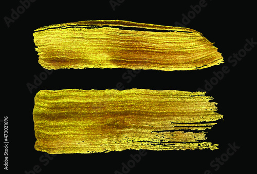 Hand drawn golden paintbrush strokes set. Gold Paint Glittering Textured Art Illustration. Golden paint strokes on black.