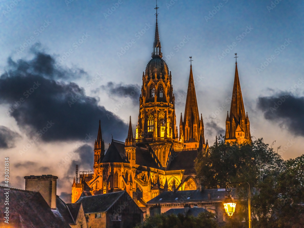 Illuminated Cathedral Nights Lights Church Bayeux Normandy France