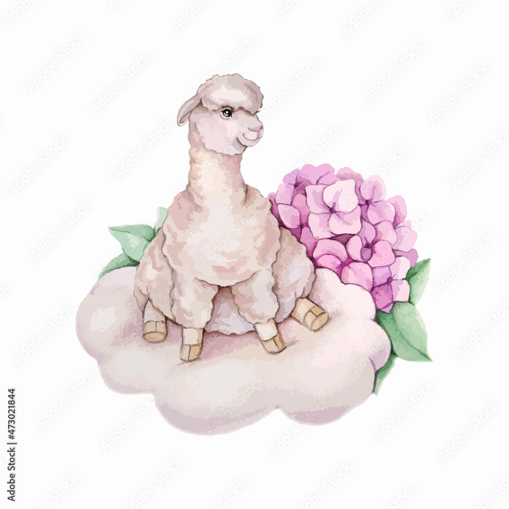 Fototapeta premium Llama on a cloud. Alpaca illustration.