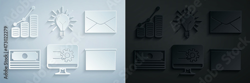 Set Computer monitor with graph chart, Envelope, Stacks paper money cash, Chalkboard, Light bulb rays shine and concept of idea and Pie infographic coin icon. Vector