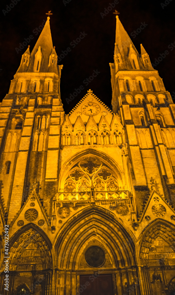 Illuminated Cathedral Facade Night Church Bayeux Normandy France