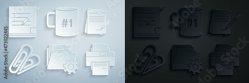 Set Folder settings with gears, Blank notebook and pencil eraser, Paper clip, Printer, Coffee cup flat and icon. Vector