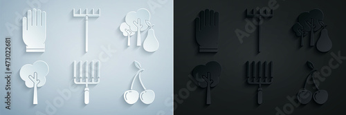 Set Garden rake in work, Tree with pears, Cherry, and gloves icon. Vector