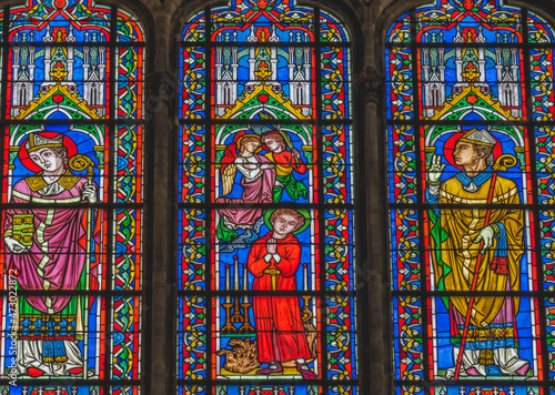 Colorful Bishops Angels Stained Glass Cathedral Church Bayeux Normandy France