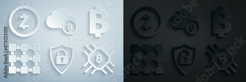 Set Shield security with lock, Cryptocurrency coin Bitcoin, Blockchain technology, CPU mining farm, cloud and Zcash ZEC icon. Vector