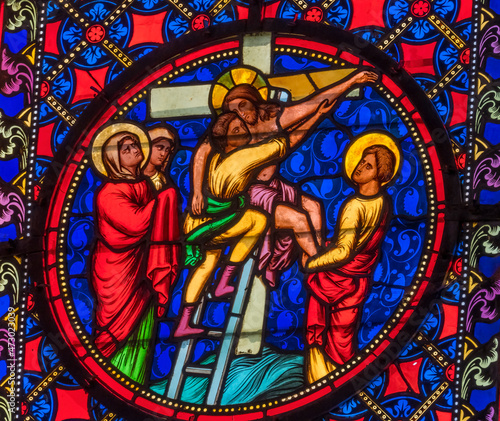 Colorful Curcifixion Stained Glass Cathedral Church Bayeux Normandy France