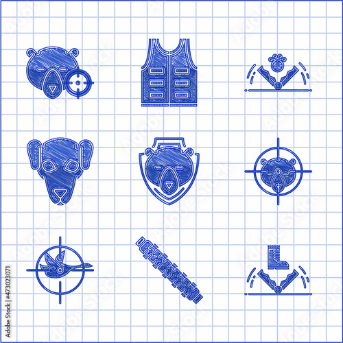 Set Bear head on shield, Hunting cartridge belt with cartridges, Trap hunting, bear crosshairs, duck, dog, and icon. Vector
