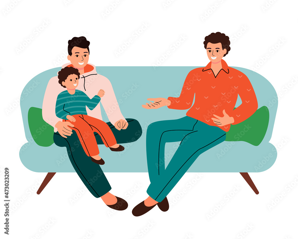 Happy homosexual family with children sitting on sofa, isolated on white background. Parents spend time with their son. Happy lgbt couple with baby. Vector illustration in flat cartoon style Happy homosexual family with children sitting on sofa, isolated on white background. Parents spend time with their son. Happy lgbt couple with baby. Vector illustration in flat cartoon style
