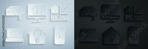 Set Smart house and light bulb, home with wi-fi, Laptop under protection, Mobile phone temperature, Computer monitor and icon. Vector