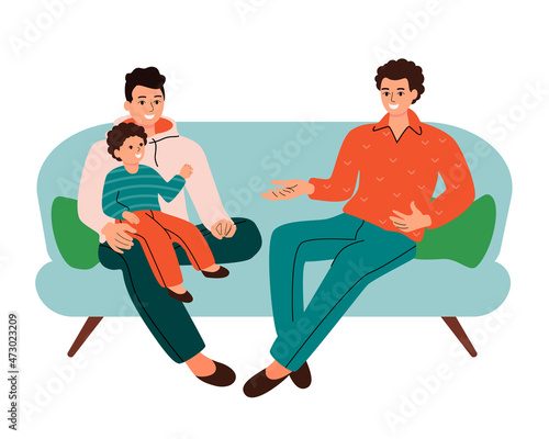 Happy homosexual family with children sitting on sofa, isolated on white background. Parents spend time with their son. Happy lgbt couple with baby. Vector illustration in flat cartoon style
