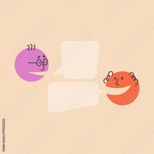 Dialogue template. People talk, argue. A man with glasses asks and his interlocutor will answer, speech bubbles. Colorful round vector illustration.