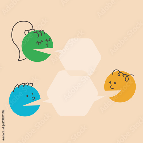 Dialogue template. People talk, argue. Children, adolescents, boys and girls, speech bubbles. Colorful round vector illustration.