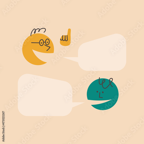 Dialogue template. People talk, argue. A man in glasses raises his finger to the top, says something, his interlocutor answers, speech bubbles above them. Question and answer. 
