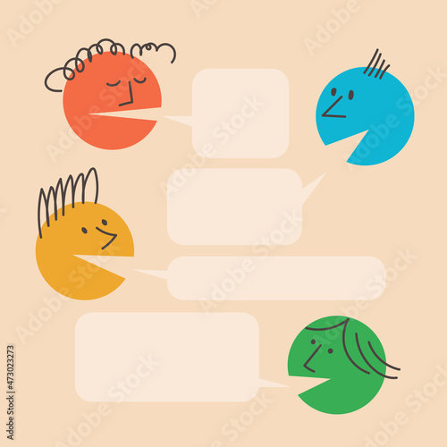 Dialogue template. People talk, argue. Men and women are discussing something, gossiping, speech bubbles above them. Question and answer. Colorful round vector illustration.
