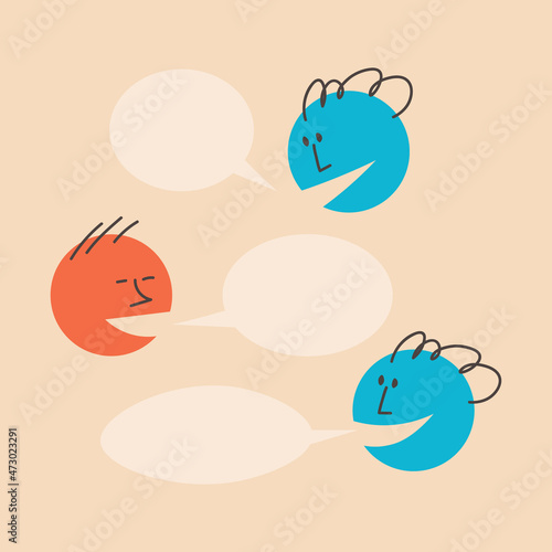 Dialogue template. People talk, argue. The man says something, his interlocutor jokes and answers, speech bubbles above them. Question and answer. Colorful round vector illustration.