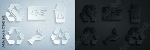 Set Sprout in hand of environmental protection, Recycle bin with recycle symbol can, leaf, Stop ocean plastic pollution and Recycling bottle icon. Vector