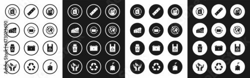 Set No trash, Battery with recycle symbol, Eco friendly house, Bio fuel canister, Planet earth and recycling, Plastic bag and Recycle bin icon. Vector