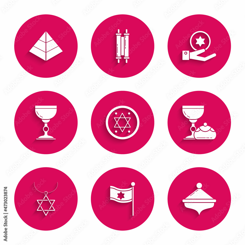 Set Jewish coin, Flag of Israel, Hanukkah dreidel, goblet and hanukkah sufganiyot, Star David necklace on chain, hand and Egypt pyramids icon. Vector Set Jewish coin, Flag of Israel, Hanukkah dreidel, goblet and hanukkah sufganiyot, Star David necklace on chain, hand and Egypt pyramids icon. Vector