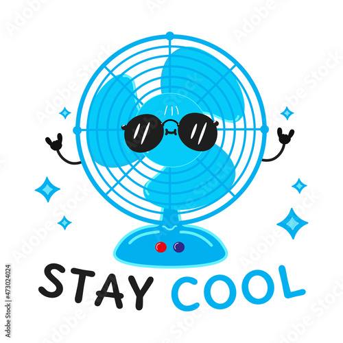 Funny cute happy air fan character. Vector kawaii line cartoon style illustration. Card with cute air fan