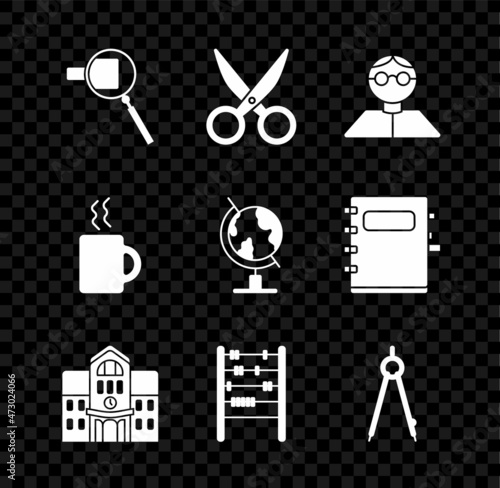 Set Magnifying glass, Scissors, Student, School building, Abacus, Drawing compass, Coffee cup and Earth globe icon. Vector