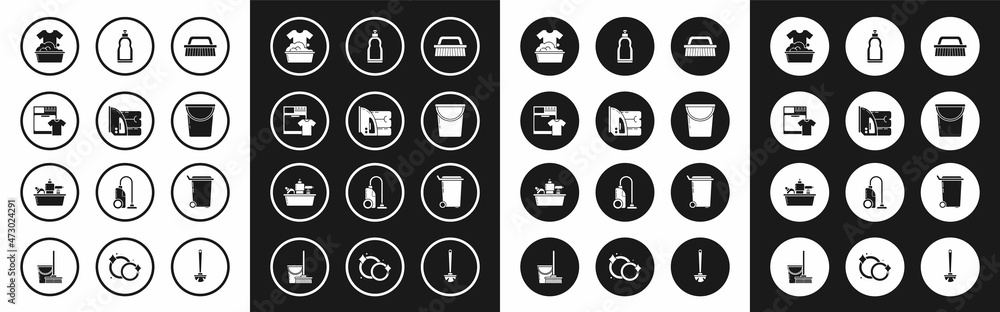 Set Brush for cleaning, Electric iron and towel, Washer t-shirt, Plastic basin with soap suds, Bucket, bottles liquid dishwashing liquid, Trash can and icon. Vector Set Brush for cleaning, Electric iron and towel, Washer t-shirt, Plastic basin with soap suds, Bucket, bottles liquid dishwashing liquid, Trash can and icon. Vector