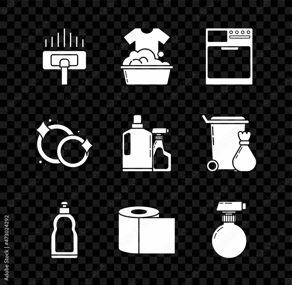 Set Vacuum cleaner, Plastic basin with soap suds, Washer, bottles for liquid dishwashing liquid, Toilet paper roll, , Washing dishes and icon. Vector Set Vacuum cleaner, Plastic basin with soap suds, Washer, bottles for liquid dishwashing liquid, Toilet paper roll, , Washing dishes and icon. Vector
