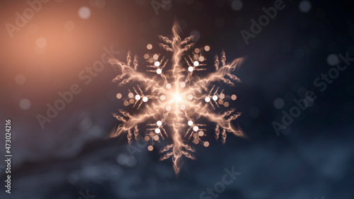 Dark festive background with golden snowflake  snow  abstract golden Christmas decoration with festive lights. New Year s abstraction  magical holiday atmosphere. 3d illustration. 