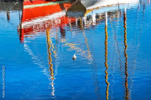 Red White Boats Waterfront Reflection Abstract Inner Harbor Honfluer France