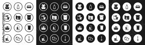 Set Brush for cleaning, Electric iron and towel, Washer t-shirt, Plastic basin with soap suds, Bucket, bottles liquid dishwashing liquid, Trash can and icon. Vector