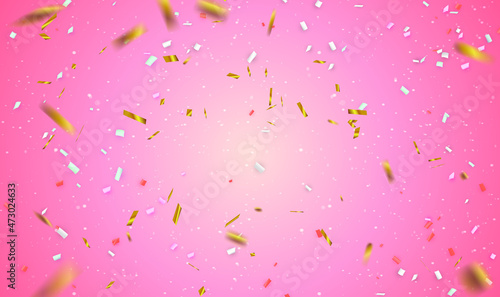 Golden and colorful confetti sparkles on pink pastel trendy background. Luxury festive background. The theme of a Christmas, New Year, Holiday, Party, Celebration and a Birthday. Vector EPS10