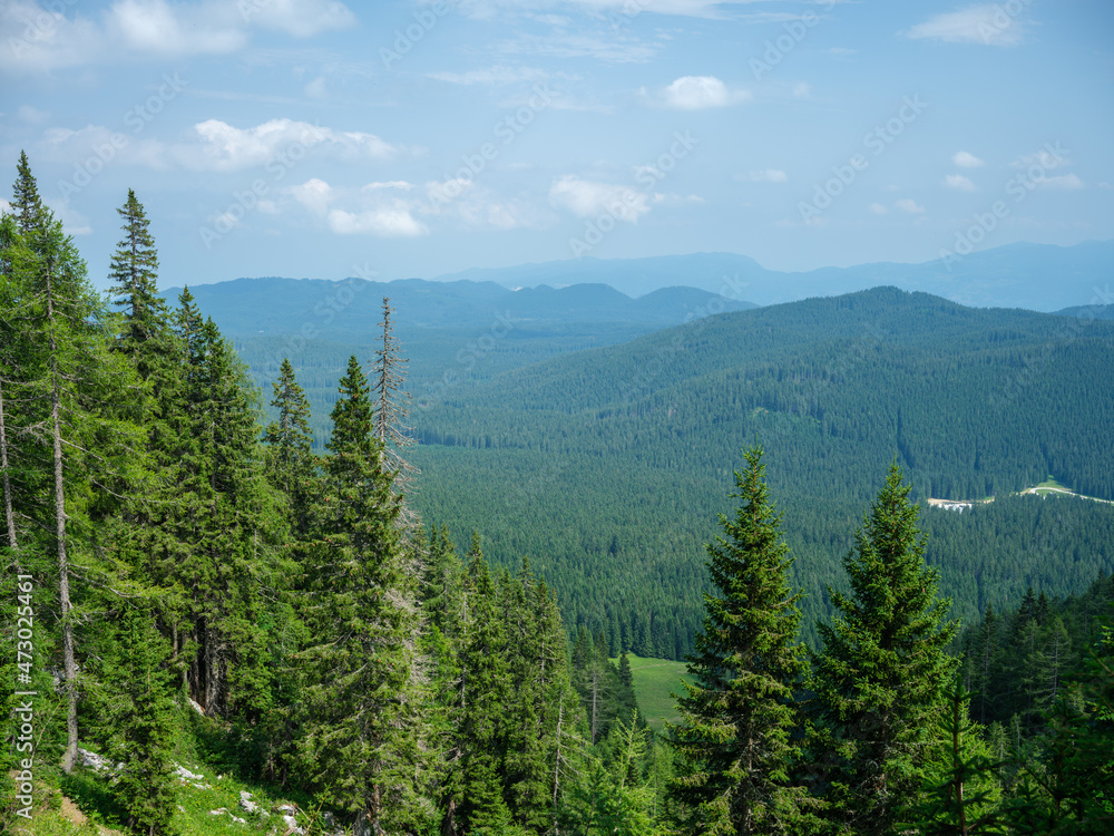 Fototapeta premium mountain peaks and lines over summer fields and villages