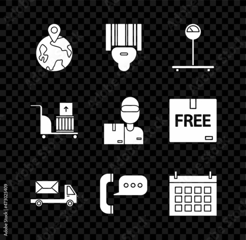 Set Worldwide, Scanner scanning bar code, Scale, Post truck, Telephone with speech bubble chat, Calendar, Electric hand and boxes and Delivery man cardboard icon. Vector