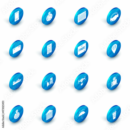 Set Worldwide, Calendar, Support operator in touch, Envelope, Cargo ship with boxes delivery service, Mobile phone app tracking, Placeholder map paper and Cardboard free symbol icon. Vector