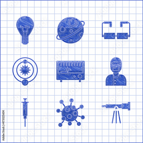 Set Electrical measuring instruments, Bacteria, Telescope, Assistant, Syringe, Solar system, Glasses and Light bulb with concept of idea icon. Vector