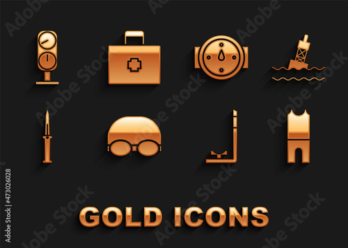 Set Glasses and cap for swimming, Floating buoy on the sea, Wetsuit scuba diving, Snorkel, Army knife, Wind rose, Gauge scale and First aid kit icon. Vector