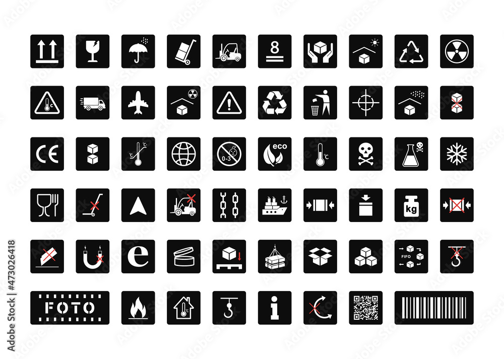 Packaging symbols set on white background. Collection of cargo symbols, packaging icons, packaging signs. For box, design, infographic. Lncluding fragile, recycle, handling with care. Vector Packaging symbols set on white background. Collection of cargo symbols, packaging icons, packaging signs. For box, design, infographic. Lncluding fragile, recycle, handling with care. Vector