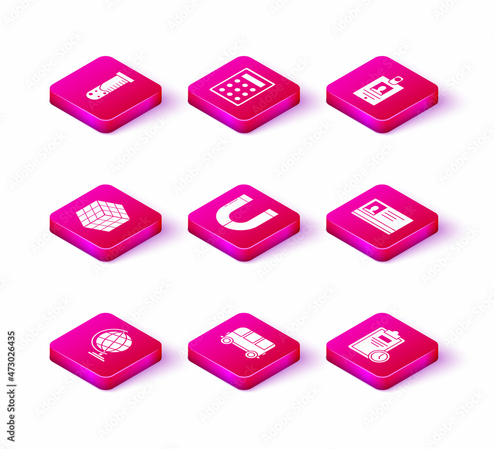 Set Earth globe, School Bus, Rubik cube, Magnet, Exam sheet with clock, Identification badge, and Calculator icon. Vector Set Earth globe, School Bus, Rubik cube, Magnet, Exam sheet with clock, Identification badge, and Calculator icon. Vector