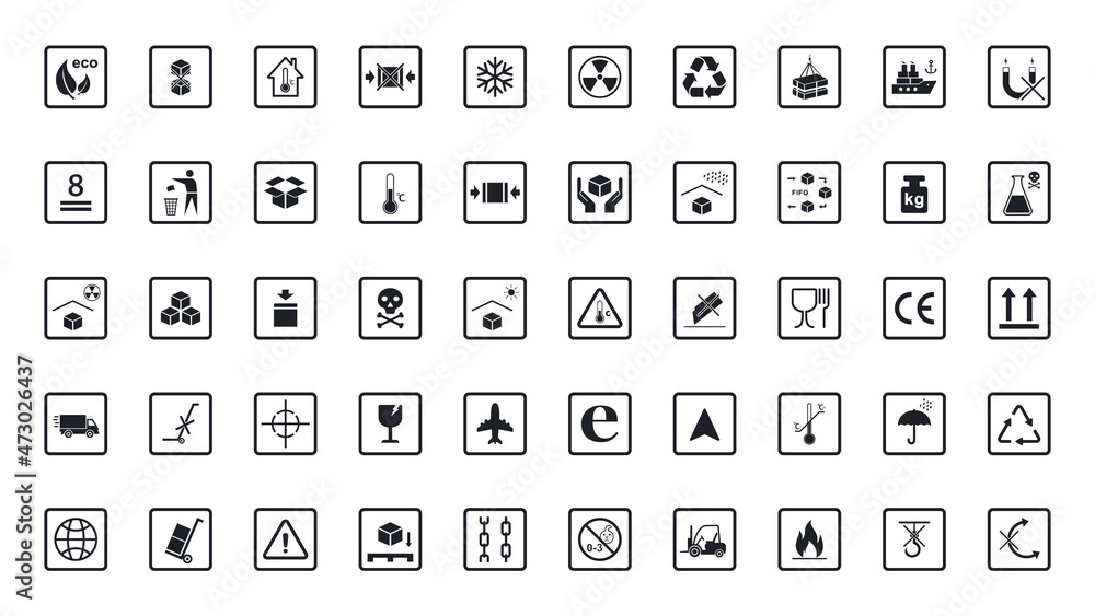 Packaging symbols set on white background. Collection of cargo symbols, packaging icons, packaging signs. For box, design, infographic. Lncluding fragile, recycle, handling with care. Vector Packaging symbols set on white background. Collection of cargo symbols, packaging icons, packaging signs. For box, design, infographic. Lncluding fragile, recycle, handling with care. Vector