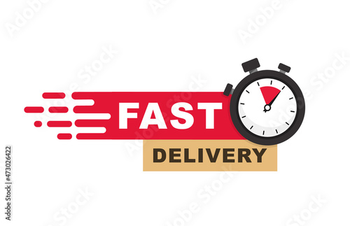 Fast delivery icon. Express delivery and urgent delivery, services, stopwatch sign. Timer and express delivery inscription. Fast delivery logo design. Vector illustration