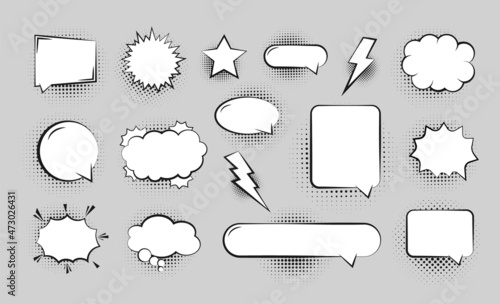 Set of empty comic speech bubbles different shapes with halftone shadows. Vintage design, pop art style. Vector illustration