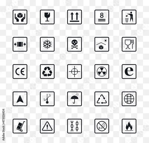 Packaging symbols set on transparent background. Collection of cargo symbols, packaging icons, packaging signs. Such as: recycle, don't litter, handling with care, flammable and other. Vector