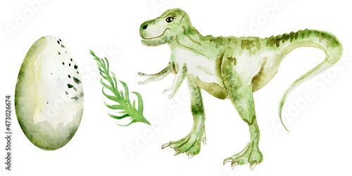 Tyrannosaurus with egg and fern branch watercolor seamless pattern.