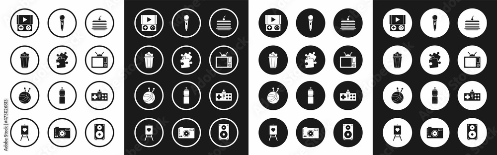 Set Cake, Piece of puzzle, Popcorn in cardboard box, Portable video game console, Television, Microphone, Gamepad and Yarn ball with knitting needles icon. Vector Set Cake, Piece of puzzle, Popcorn in cardboard box, Portable video game console, Television, Microphone, Gamepad and Yarn ball with knitting needles icon. Vector