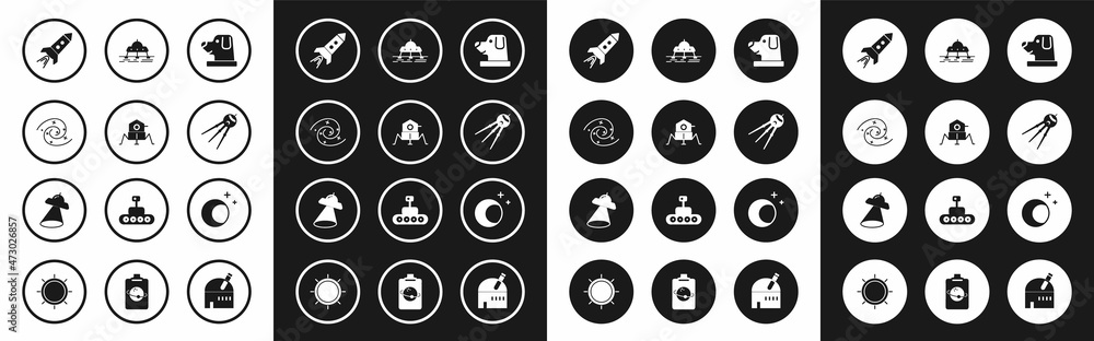 Set Dog in astronaut helmet, Mars rover, Black hole, Rocket ship with fire, Satellite, Moon and stars and UFO flying spaceship icon. Vector Set Dog in astronaut helmet, Mars rover, Black hole, Rocket ship with fire, Satellite, Moon and stars and UFO flying spaceship icon. Vector