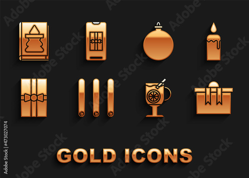 Set Three rolled sticks of cinnamon, Burning candle candlestick, Gift box, Mulled wine with glass drink, Christmas ball, book and Smartphone gift icon. Vector