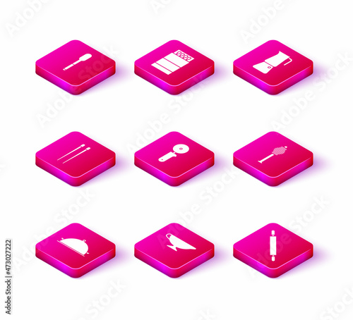 Set Covered with a tray of food, Sauce boat, Food chopsticks, Pizza knife, Rolling pin, Honey dipper, Moka pot and Open matchbox and matches icon. Vector